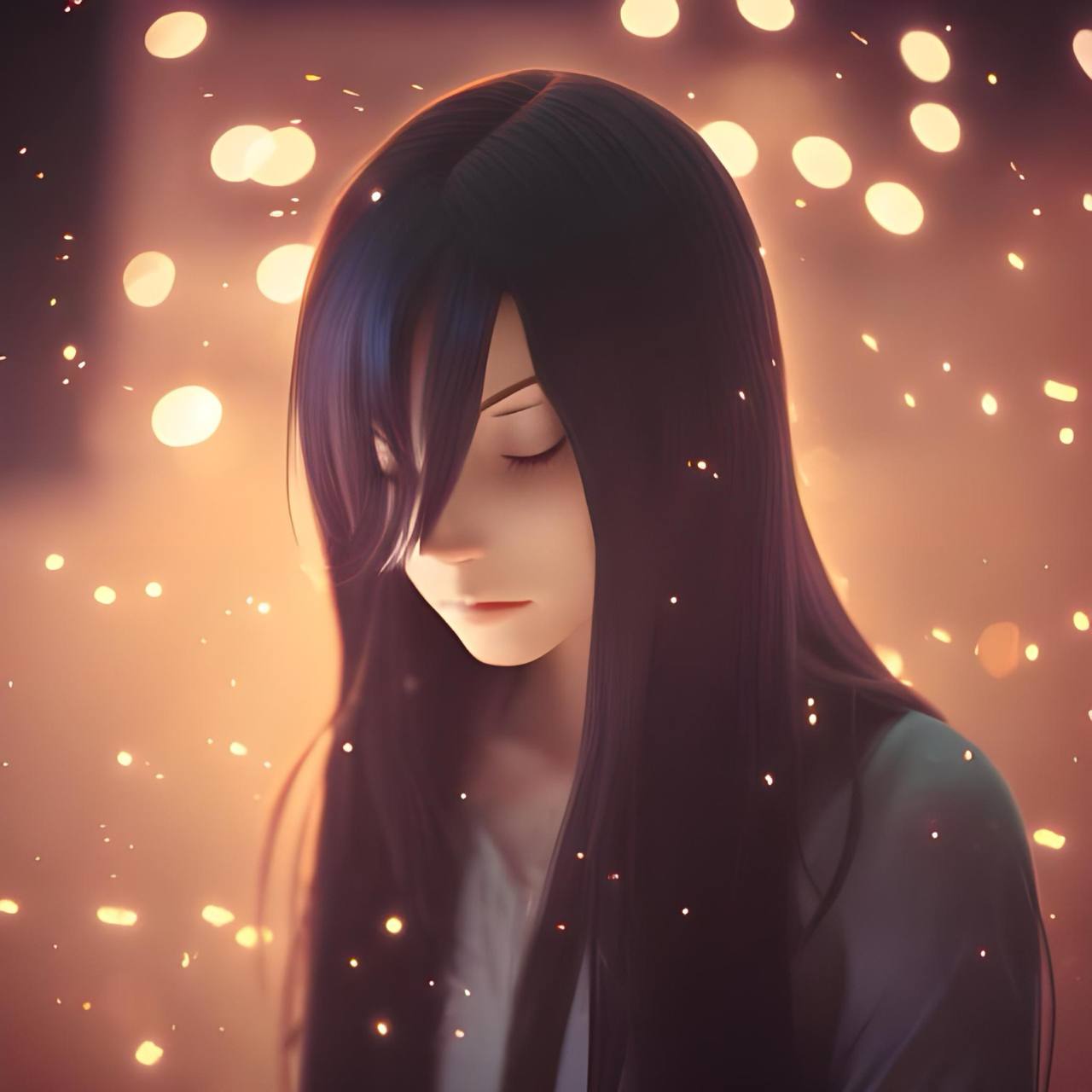 Soft illustrated portrait with closed eyes, long dark hair, and warm golden light